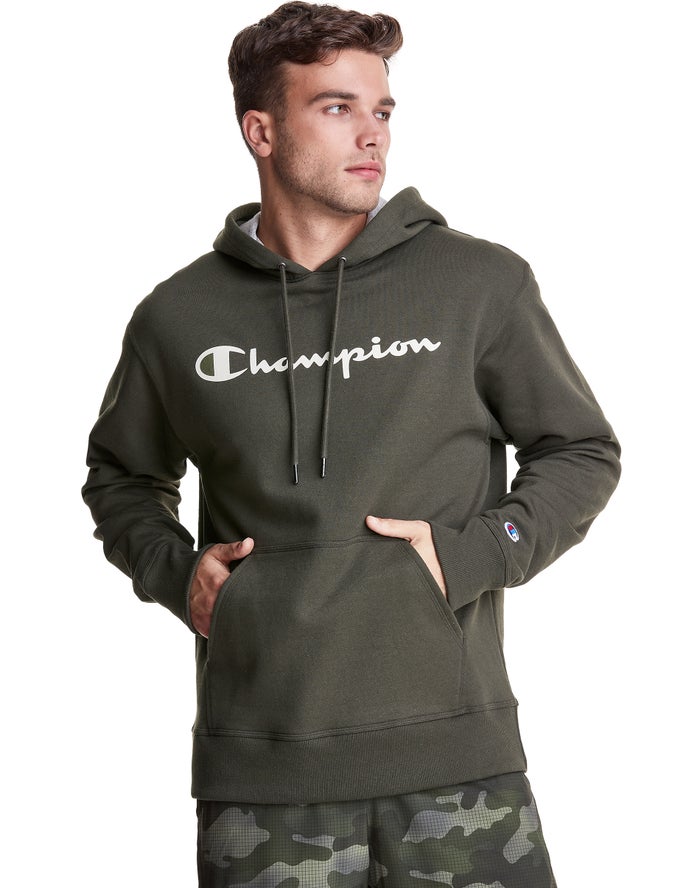 Champion Powerblend Fleece Script Logo - Miesten TummanVihreä Huppari - Suomi 0649815-ID